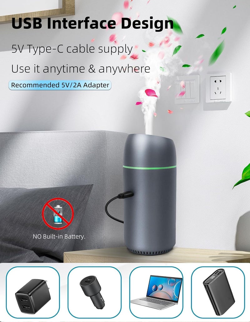 szyuwolf مرطب هواء محمول صغير بالموجات فوق الصوتية - 100 مل مرطب عطر USB مع 7 ألوان من أضواء LED، هيكل من سبائك الألمنيوم المحسن للاستخدام في المنزل، المكتب، غرفة النوم، السيارة والمساحات الصغيرة (رمادي) - Image 2